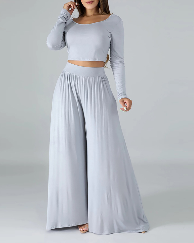 

Long Sleeve Crop Top & High Waist Wide Leg Pants Set, Gray