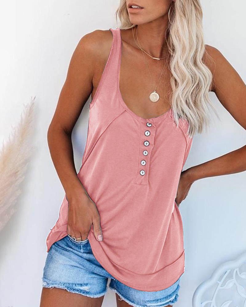 

U-neck Half Button Casual Tank Top, Pink