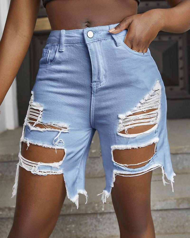 

Zipper Fly Cutout Ripped Raw Hem Denim Shorts, Blue