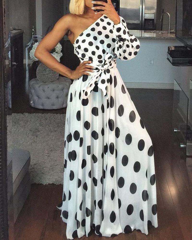 

One Shoulder Dots Print Belted Maxi Dress, White