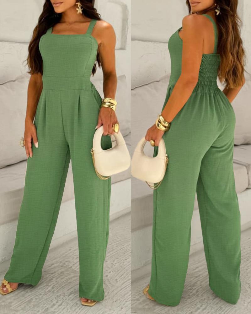 

V-Neck Spaghetti Strap Shirred Cinch Waist Wide Leg Jumpsuit Elegant Overalls, Green