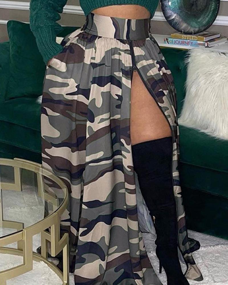 

Camouflage Print Zipper Design Ruched Maxi Skirt, Gray