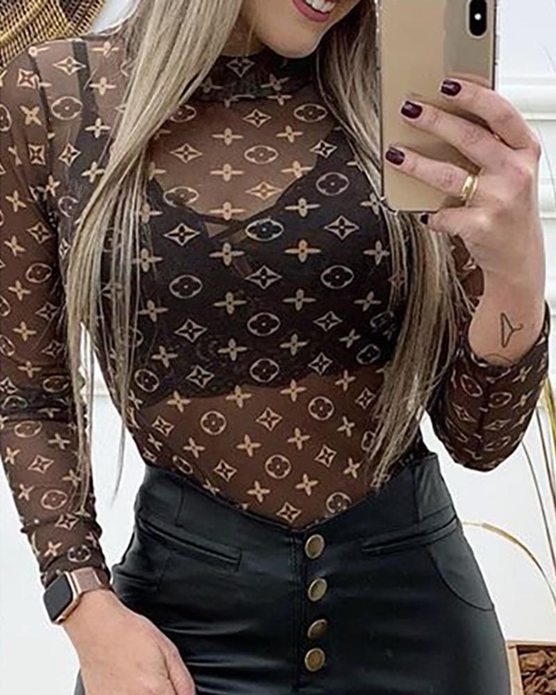 

Long Sleeve Print Sheer Mesh Blouse, Brown