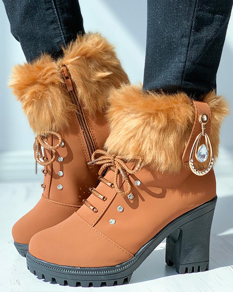 

Fluffy Rhinestone Lace-up Chunky Boots, Brown