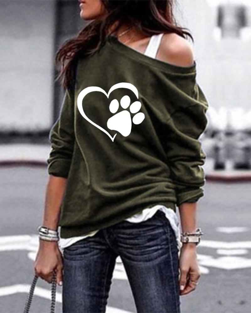 

Paw Heart Print Long Sleeve Casual Sweatshirt, Green