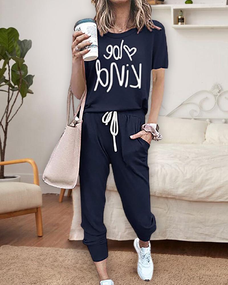 

Letter Print T-shirt & Drawstring Pocket Design Pants Set, Dark blue