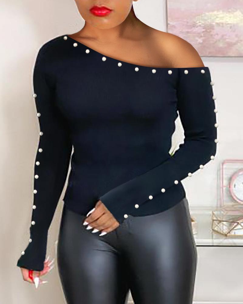 

Beaded One Shoulder Long Sleeve Top, Black