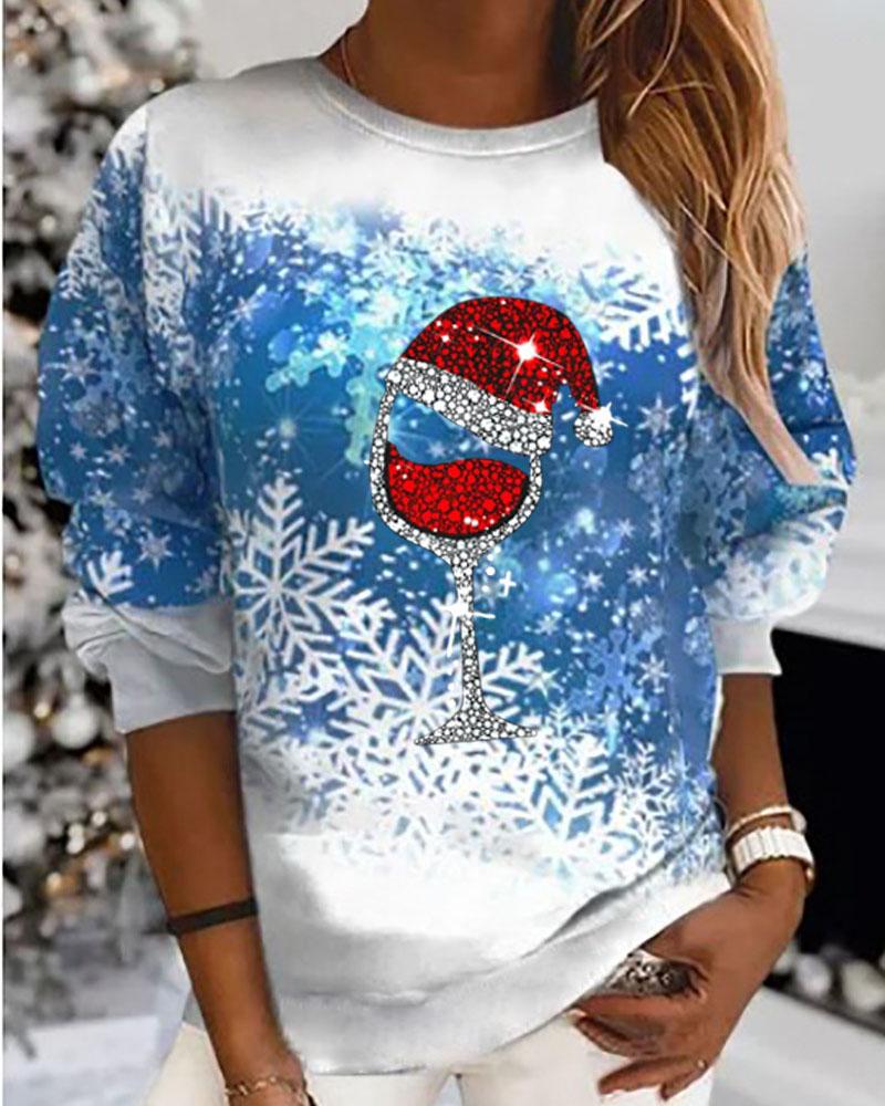 

Christmas Wine Glass Snowflake Print Long Sleeve Top, Blue