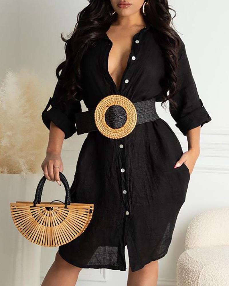 

Button Front Long Sleeve Casual Shirt Dress, Black