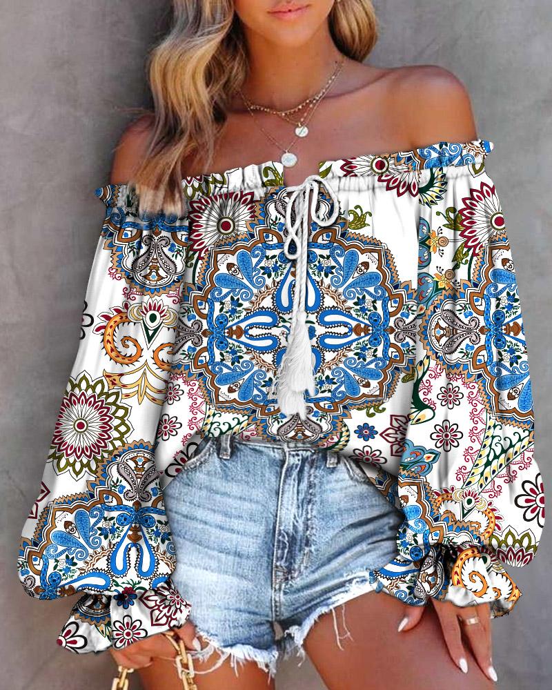

Tribal Print Off Shoulder Lantern Sleeve Top, Multicolor