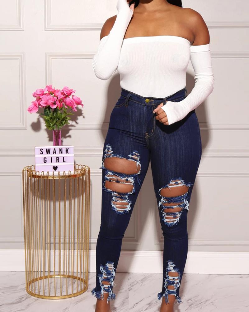 

Stretchy High Waist Ripped Raw Hem Skinny Jeans, Black&blue