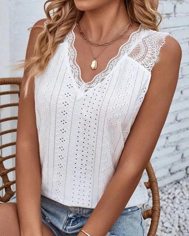 

Lace Patch Eyelet Embroidery Tank Top, White