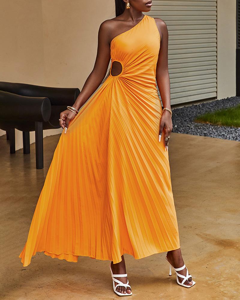 

One Shoulder Cutout Pleated Dress, Orange
