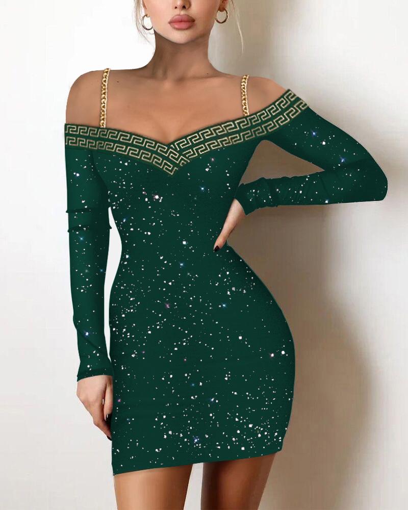 

Geo Trim Cold Shoulder Glitter Bodycon Dress, Green