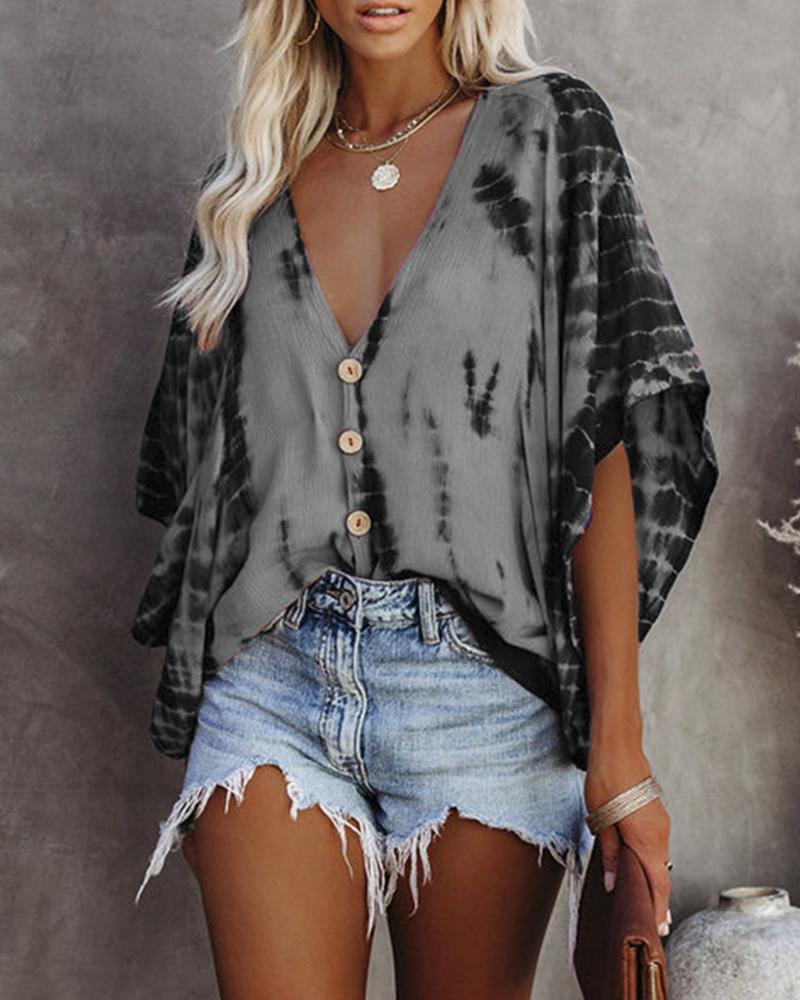 

Tie Dye Print Batwing Sleeve V-Neck Top, Gray