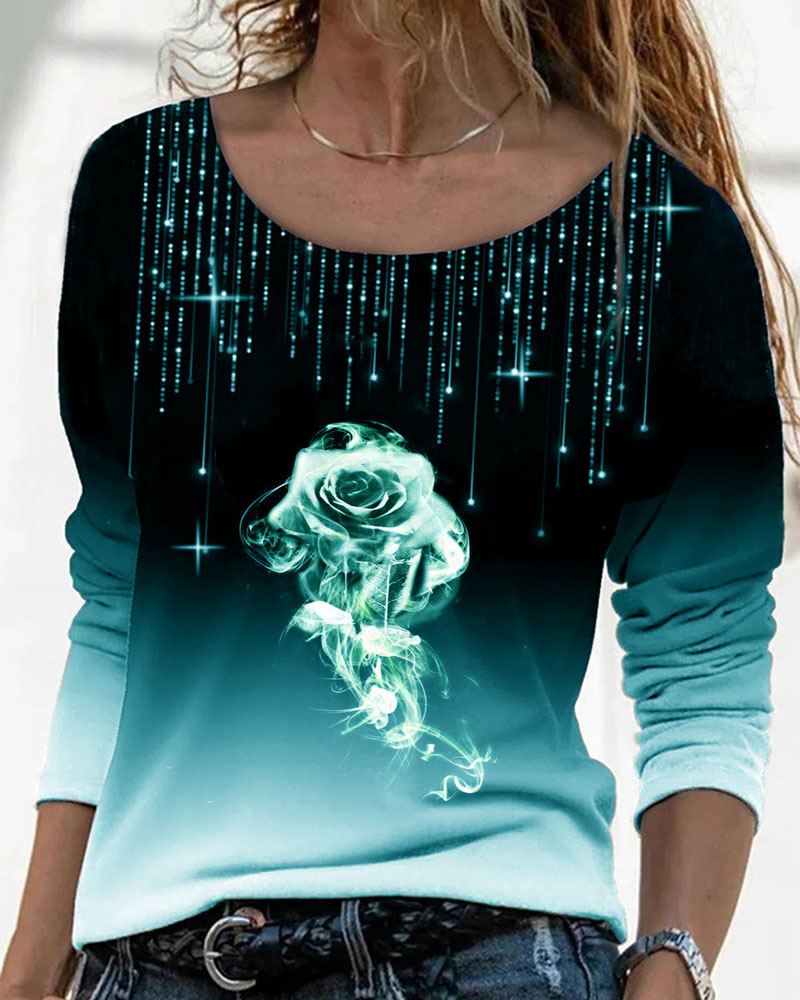 

Ombre Floral Print Long Sleeve Top, Green