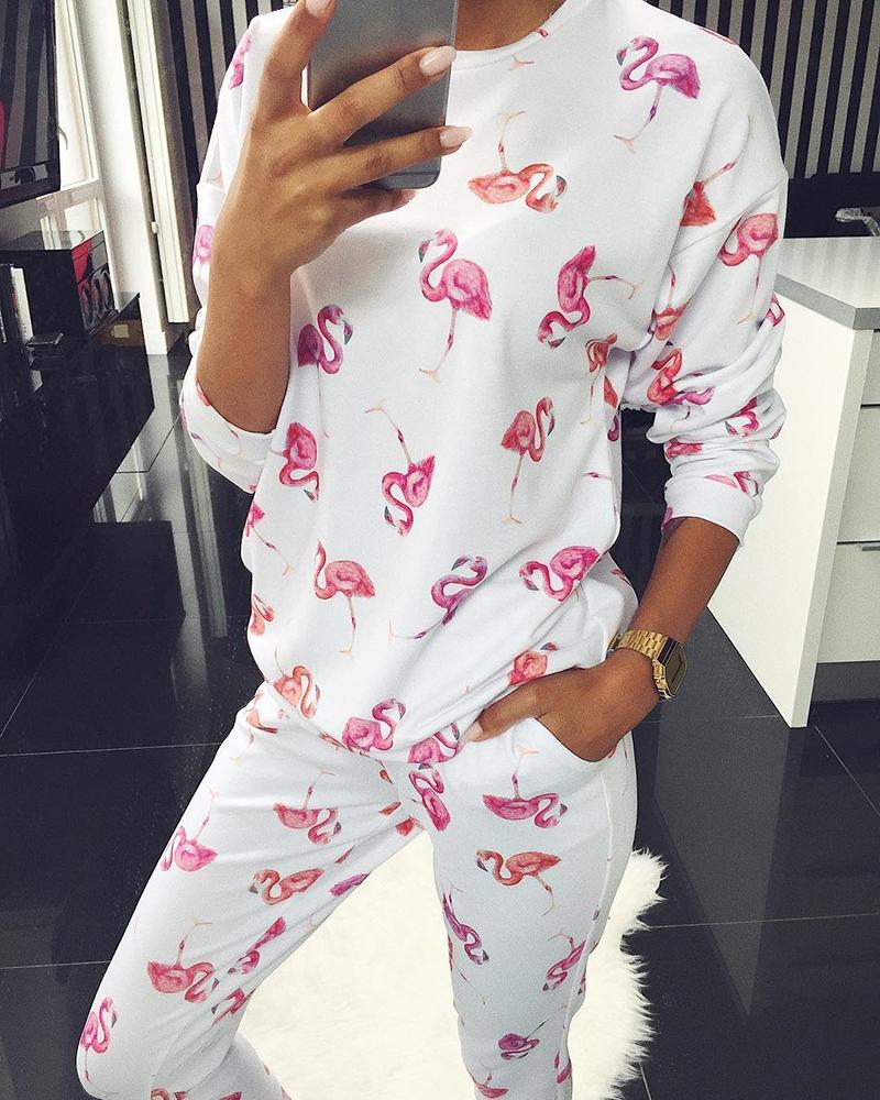

Flamingo / Tropical / Plant Print Top & Pocket Design Pants Set, White