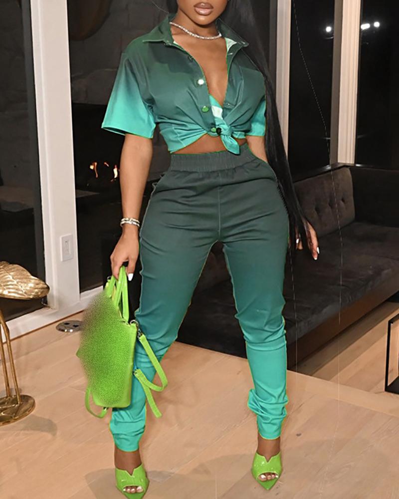 

Ombre Colorblock Buttoned Shirt & Pants Set, Blue