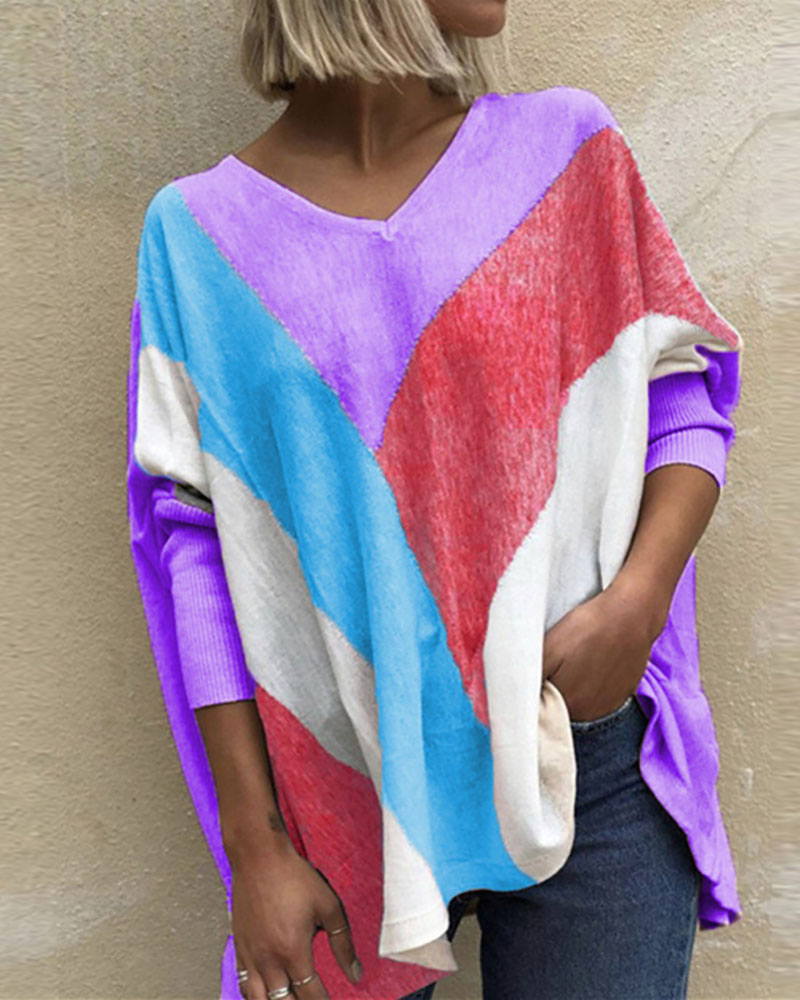 

Colorblock Long Sleeve Casual Top, Purple