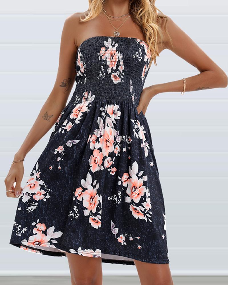 Floral Print Bandeau Shirred Casual Dress