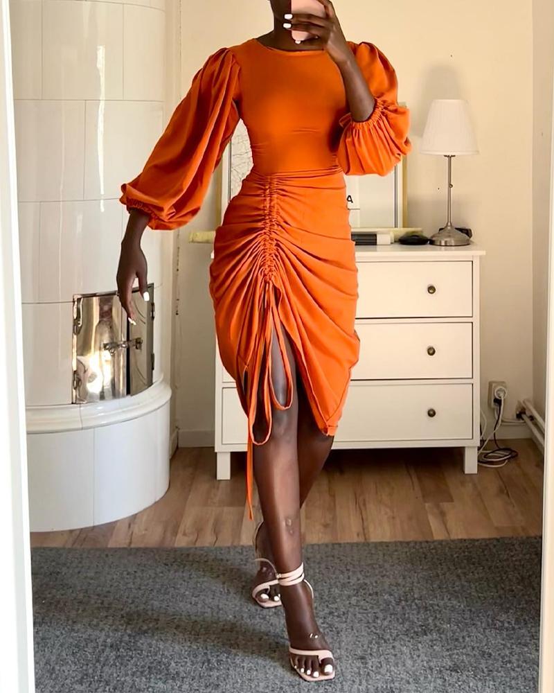 

Puff Lantern Sleeve Drawstring Ruched Casual Dress, Orange