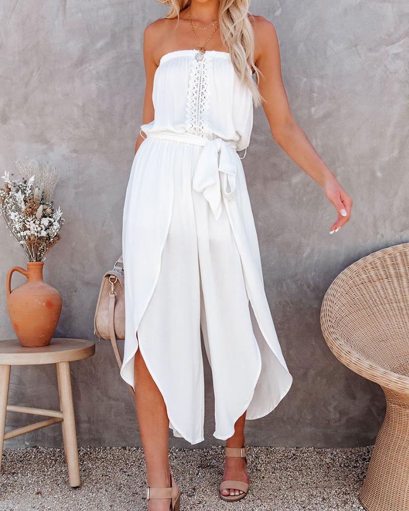 

Solid Sleeveless Ruffles Contrast Loose Slit Wide Leg Jumpsuit, White