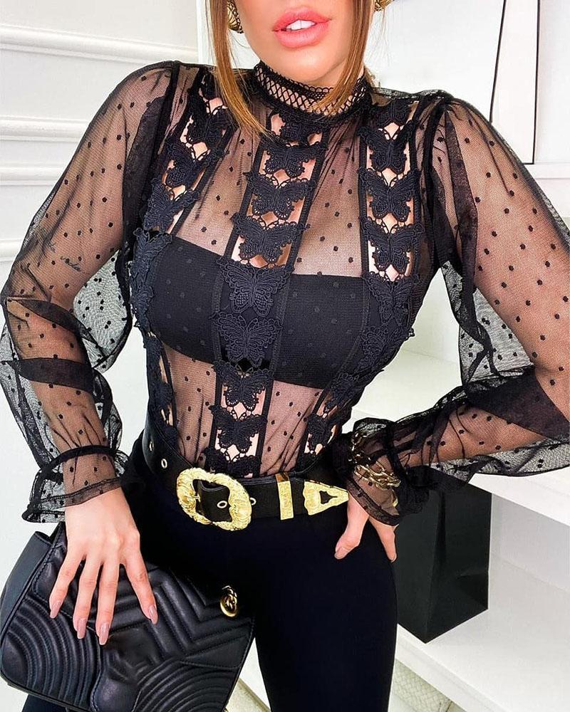 

Butterfly Pattern Dot Mesh Long Sleeve Top, Black