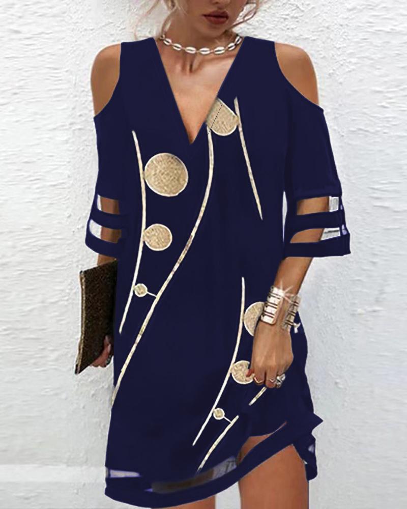 

Geometric Print Contrast Mesh Cold Shoulder Casual Dress, Blue