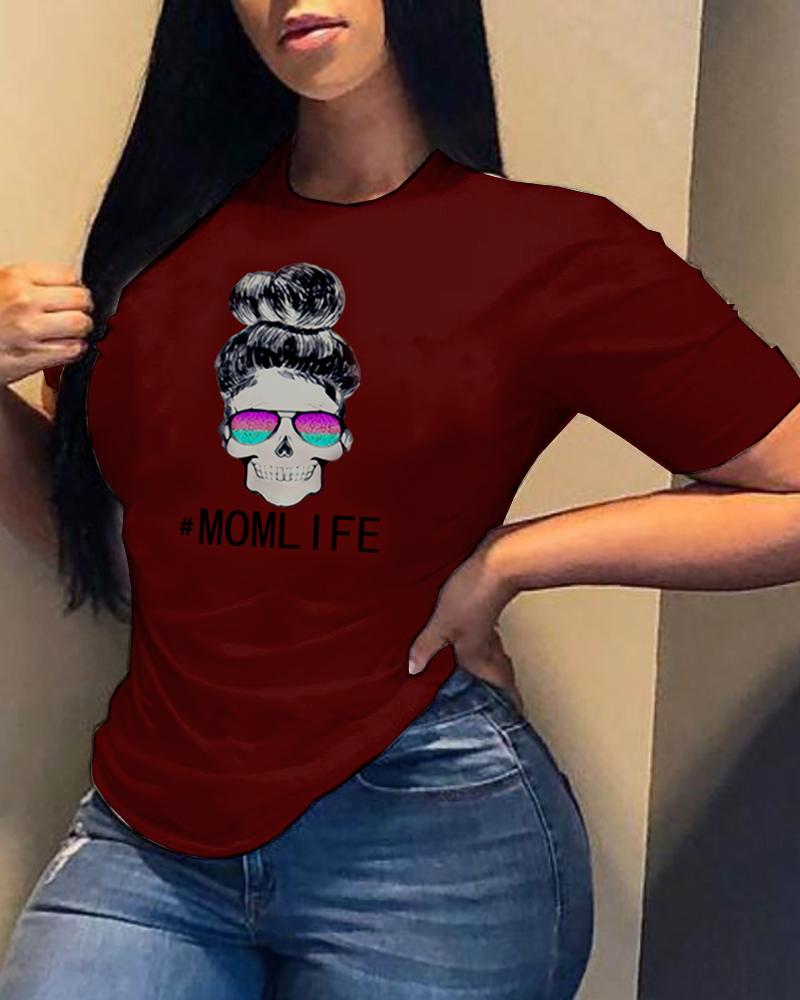 

Letter Graphic Print Short Sleeve T-shirt, Wine red
