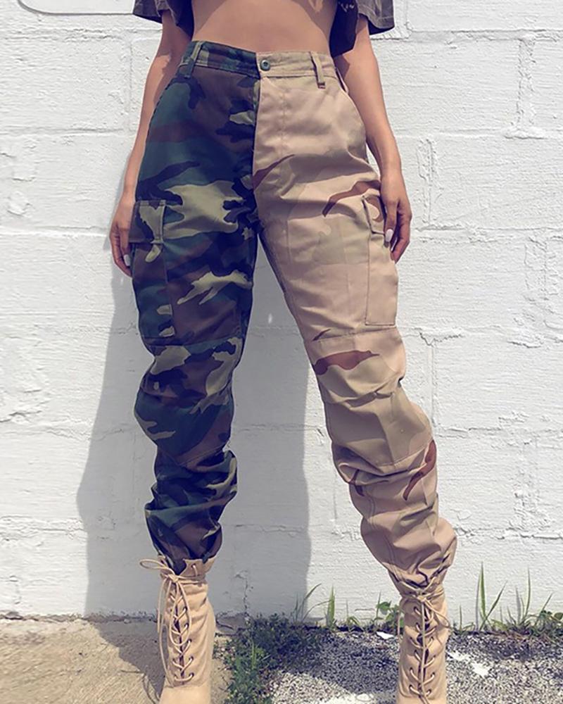 

Camouflage Colorblock Pocket Design Cargo Pants, Green