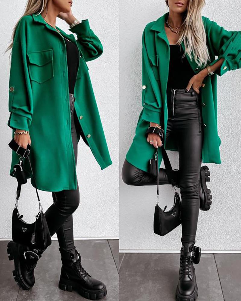 

Plain Buttoned Pocket Design Long Sleeve Coat Casual Turn-down Collar Long Jacket, Green