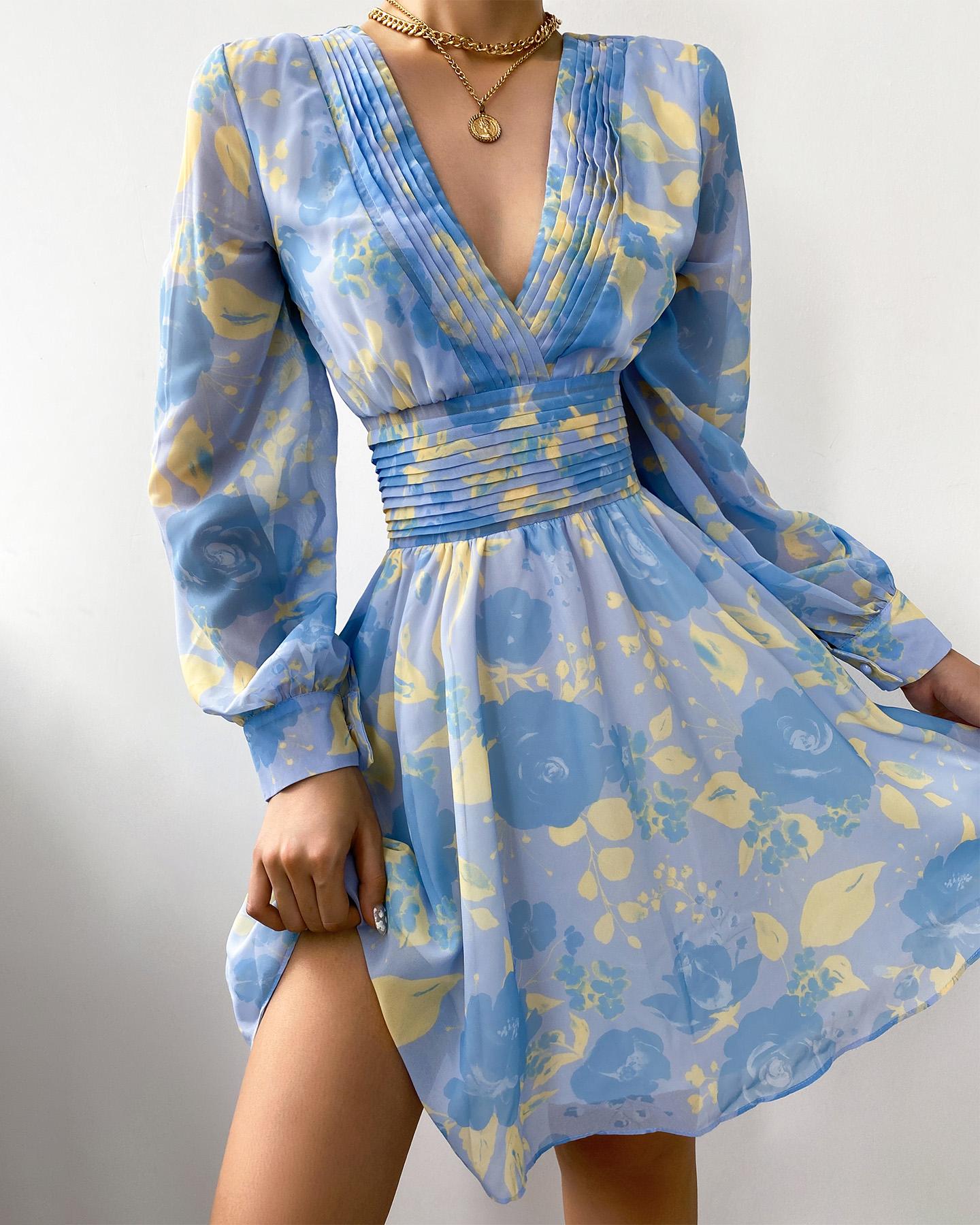 

Floral Print V-Neck Long Sleeve Dress, Multicolor