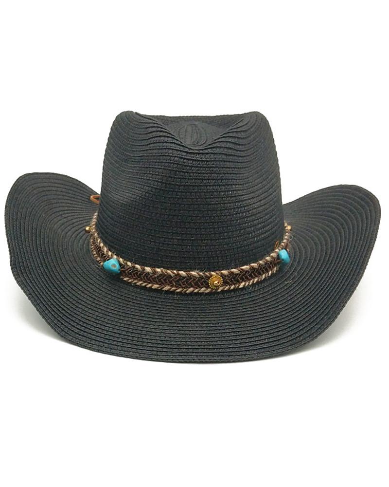 

Turquoise Braided Tape Wide Brim Cowboy Straw Hat, Black