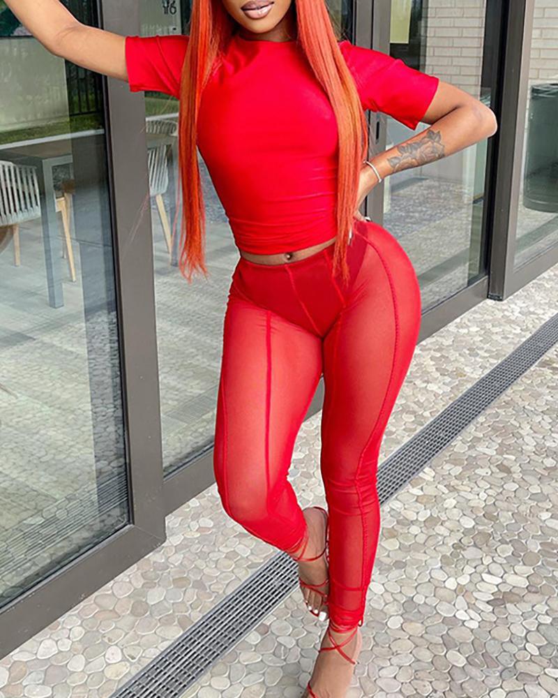 

High Waist Sheer Mesh Pants, Red