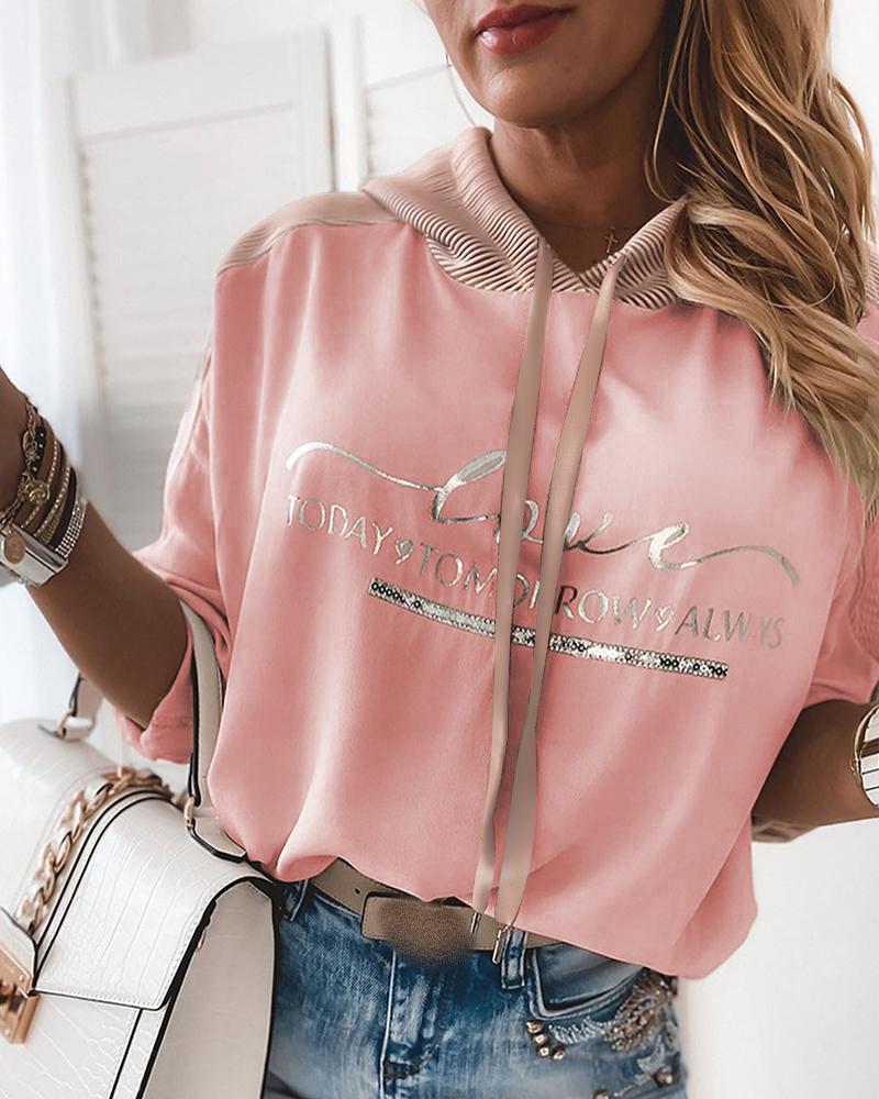 

Letter Print Long Sleeve Casual Hoodie, Light pink
