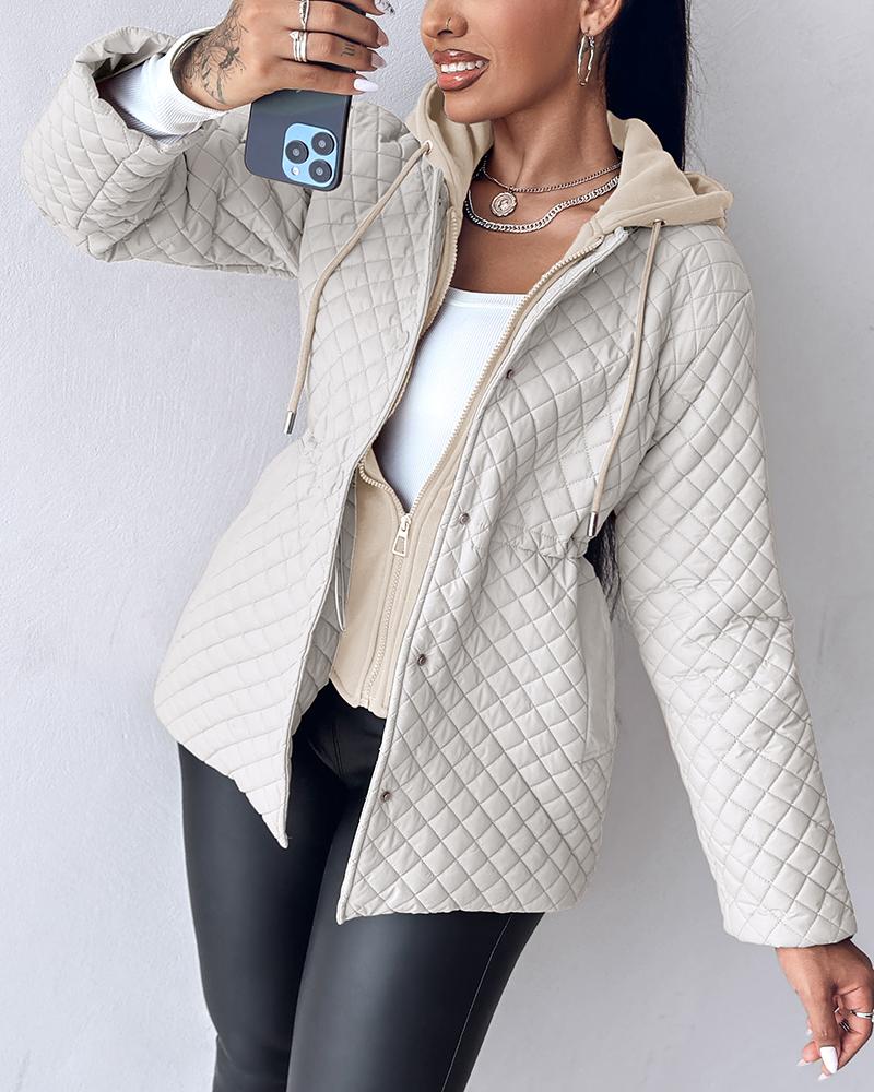 

Manteau à capuche à motif argyle colorblock avec cordon de serrage à la taille et fermeture éclair avec poches, Apricot