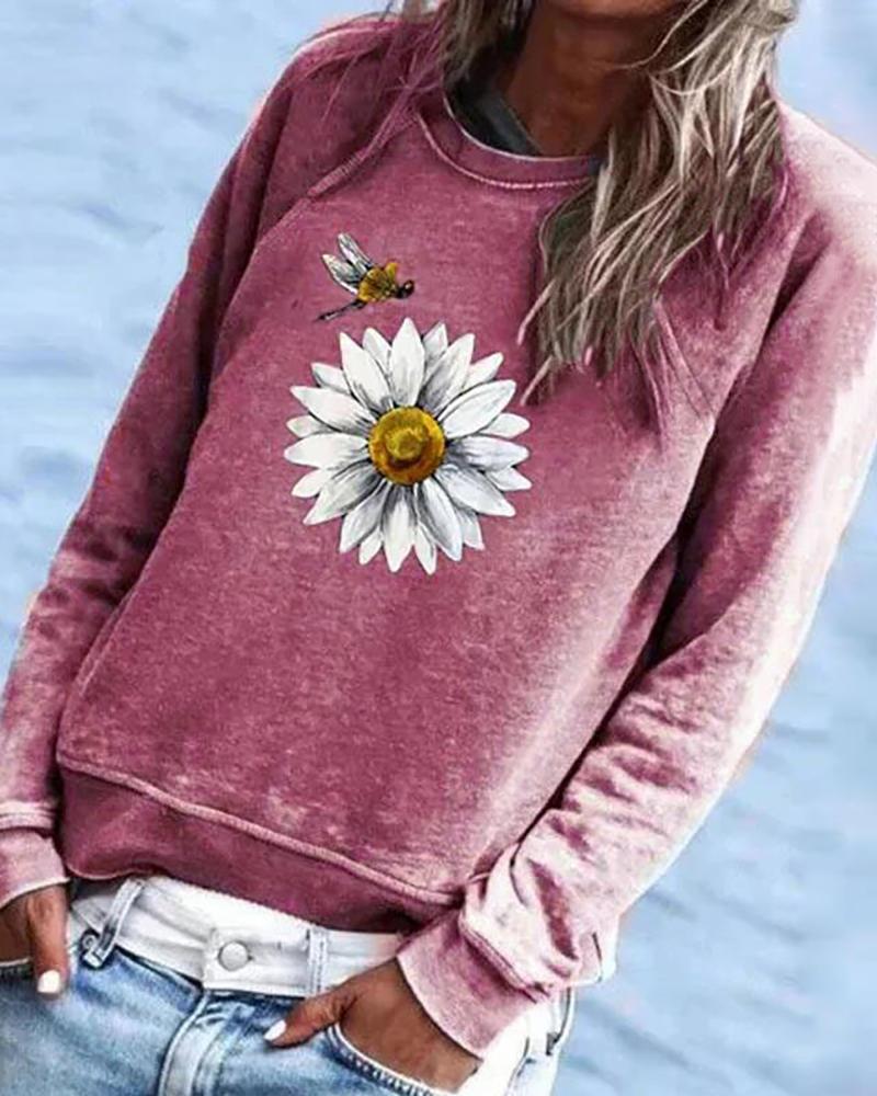 

Daisy Print Insert Casual Sweatshirt, Hot pink
