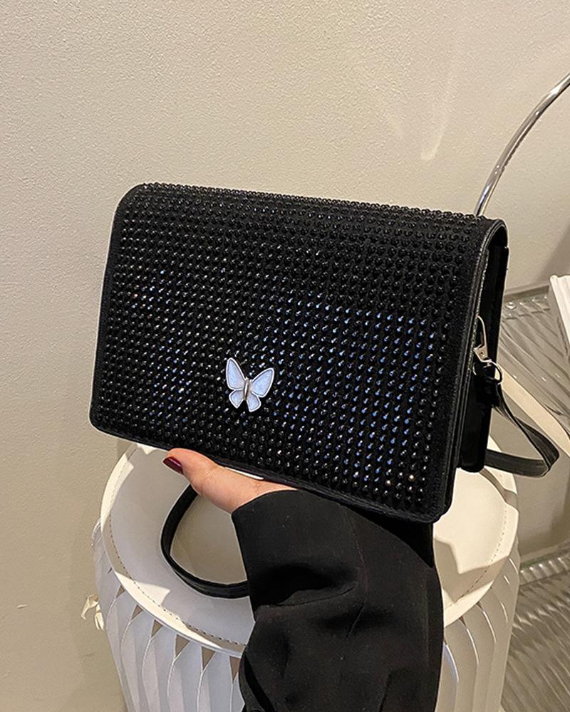 

Rhinestone Butterfly Decor Flap Shoulder Bag, Black