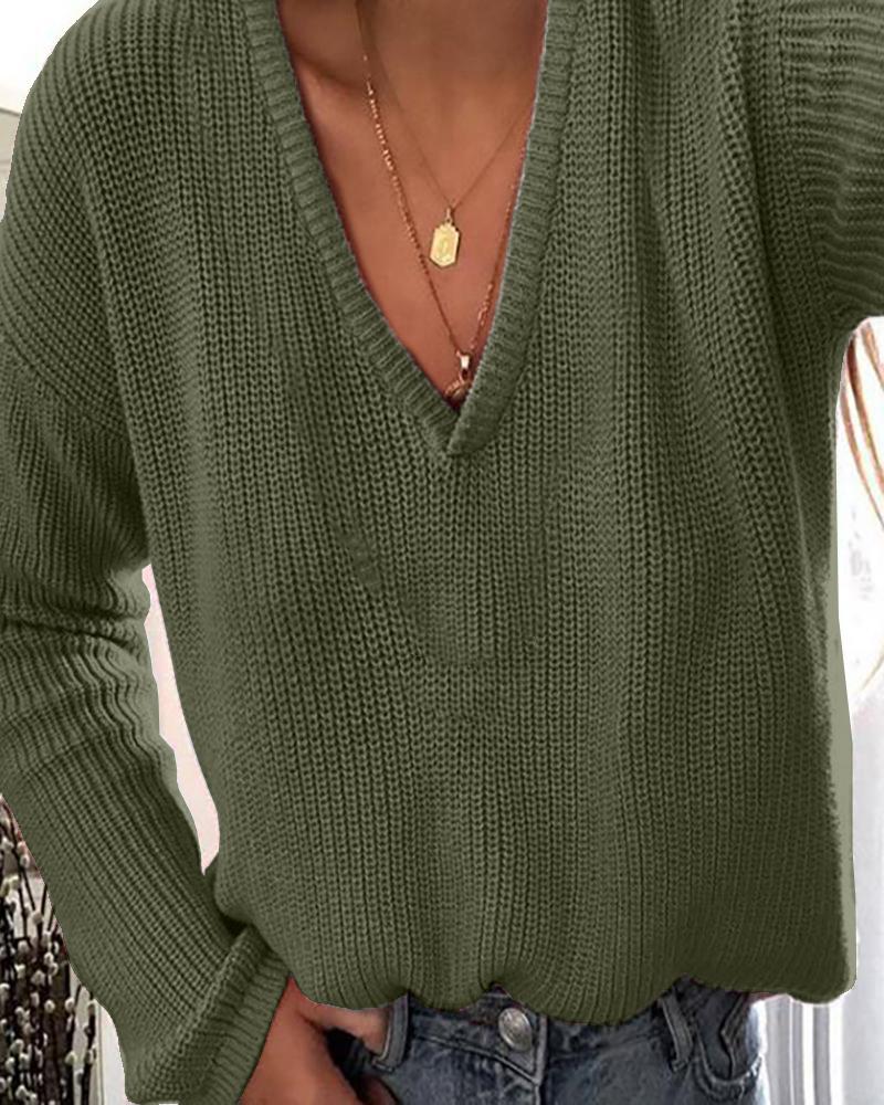 

Plunge Long Sleeve Casual Knit Sweater, Army green