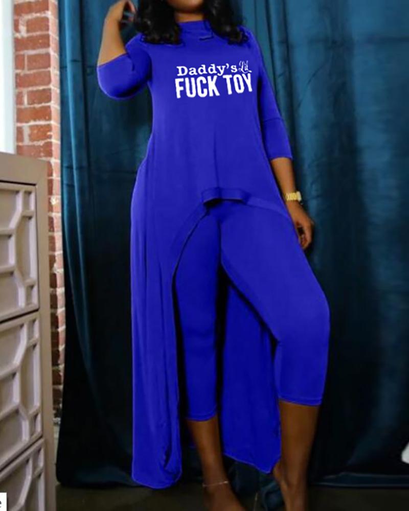 

Letter Print Long Sleeve Dip Hem Top & Shorts Set, Dark blue
