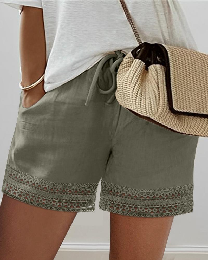 

Lace Patch Pocket Design Drawstring Shorts, Army green