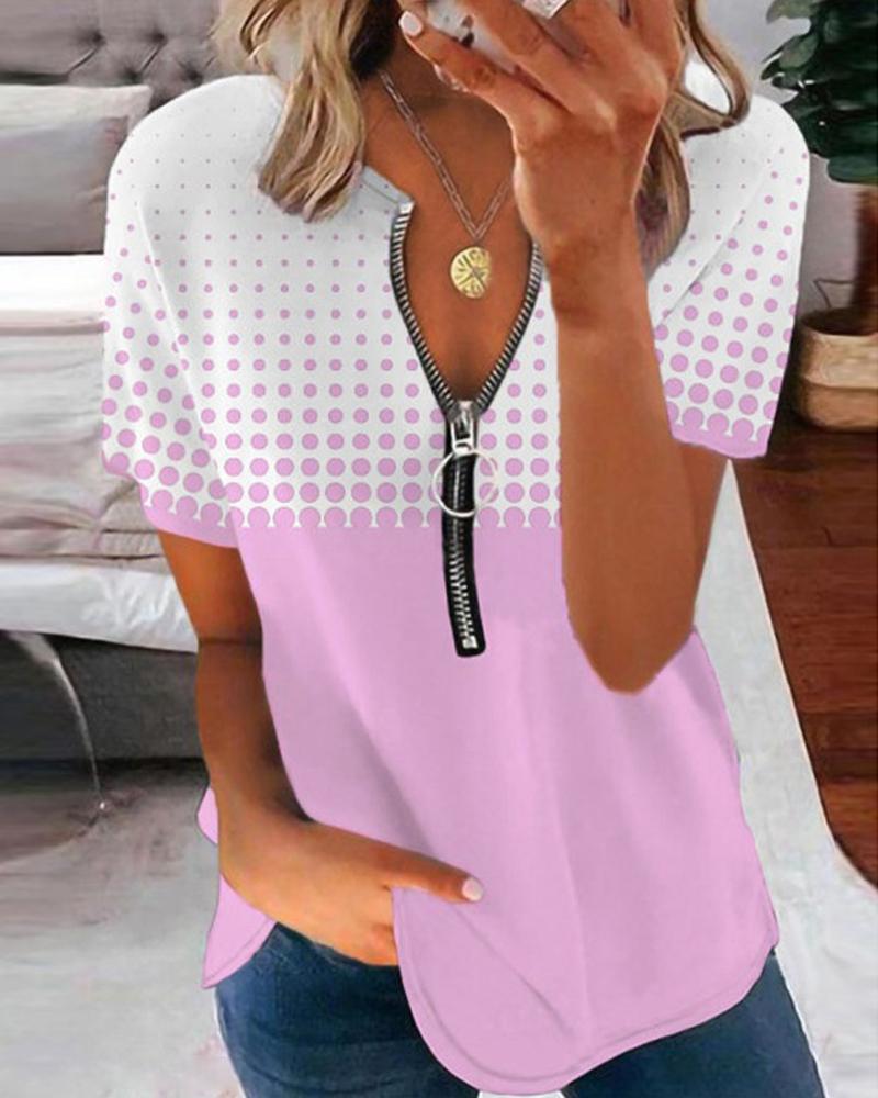 

Polka Dot Print Colorblock Zipper Front Top, Pink