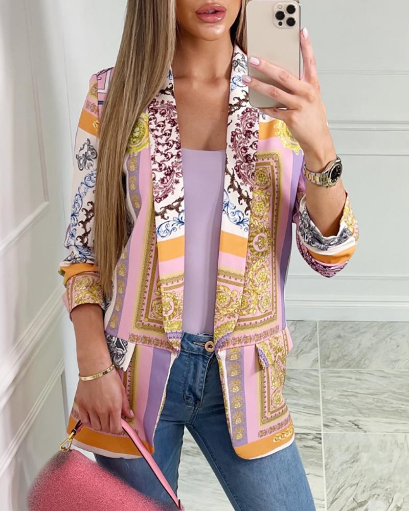 

Baroque Print Pocket Decor Long Sleeve Blazer Coat, Multicolor