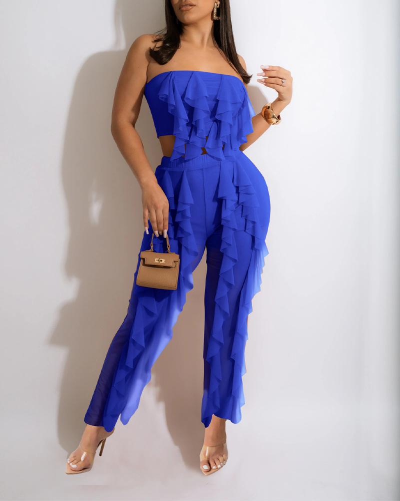 

Ruffle Hem Crop Tube Top & Sheer Mesh Pants Set, Blue
