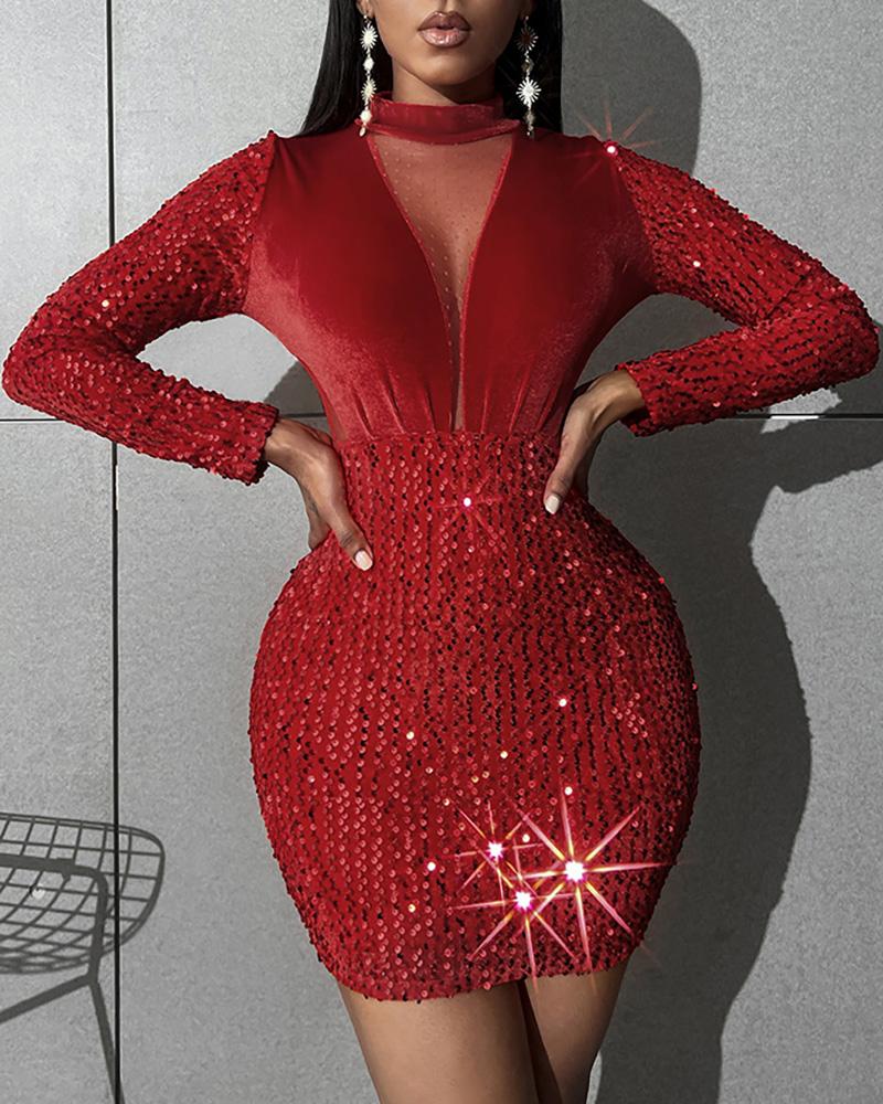 

Dot Mesh Velvet Patch Long Sleeve Sequin Dress, Red