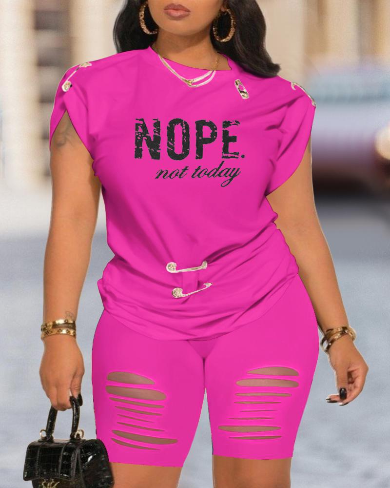 

Nope Not Today Print Short Sleeve Top & Shorts Set, Hot pink