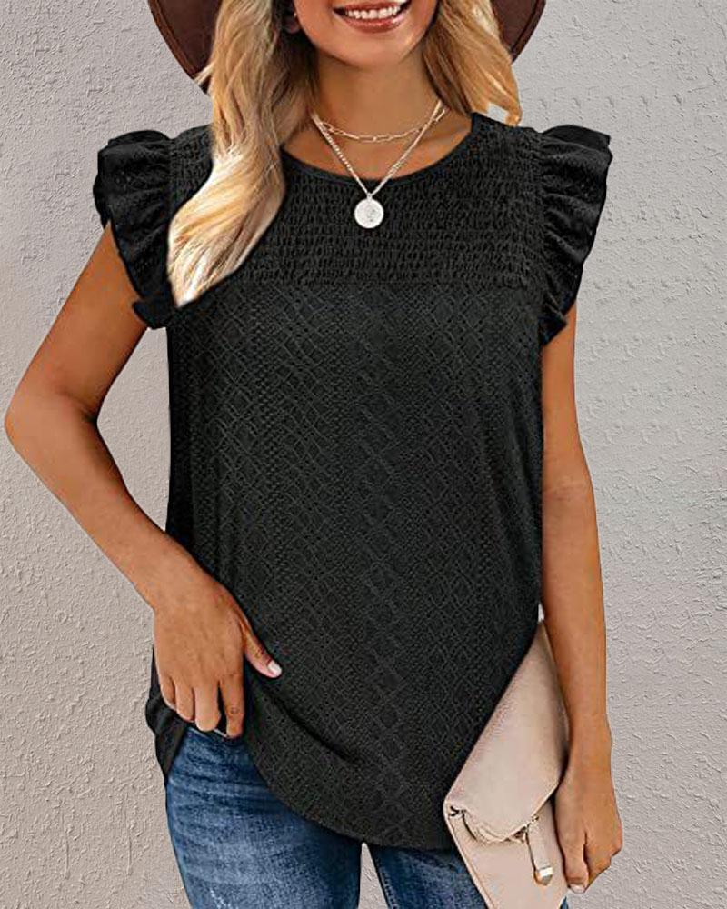 

Eyelet Embroidery Ruffle Hem Shirred Tank Top, Black