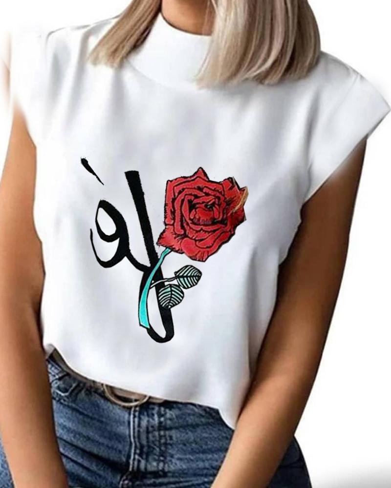 

Floral Letter Print Short Sleeve T-Shirt, White