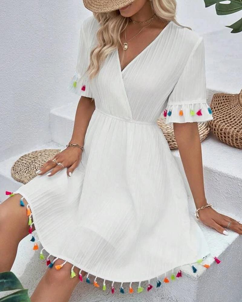 

V-Neck Tassel Design Textured Casual Dress, White