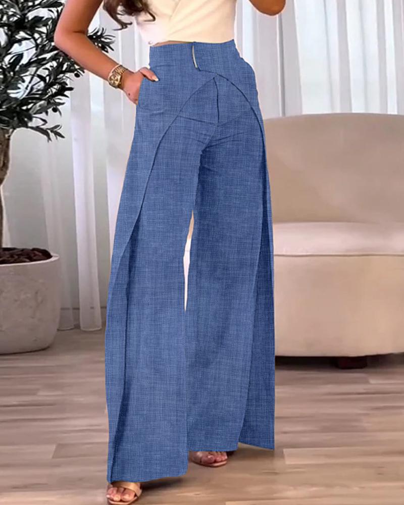 

High Waist Overlap Asymmetrical Wide Leg Pants, Blue